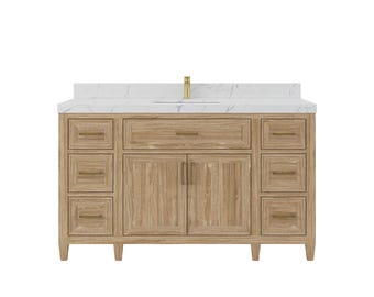 Santa Monica Solid Teak 60 in. W x 22 in. D Single Sink Bathroom Vanity in Whitewashed with Quartz or Marble Countertop | MODERN VANITY