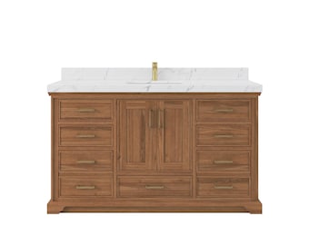 Charlotte Teak Wood 60 in. W x 22 in. D Single Sink Bathroom Vanity in Dark Natural with Quartz or Marble Top | MODERN VANITY