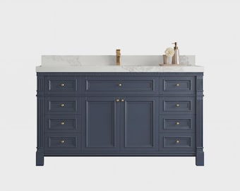 Paris 60 in W x 22 in D Free Standing Single Sink Bathroom Vanity in Hale Navy Blue with Quartz or Marble Countertop | MODERN VANITY