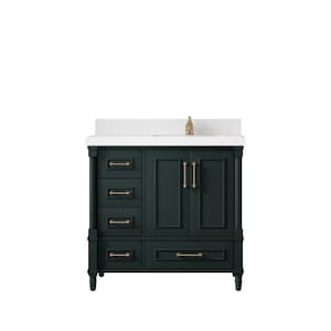 May include: A dark green bathroom vanity with a white countertop and gold hardware. The vanity has four drawers and two doors.