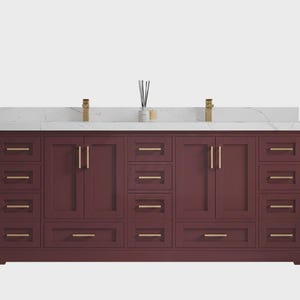 Boston 84 in. W x 22 in. D Double Sink Bathroom Vanity in Burgundy with Quartz or Marble Countertop | MODERN VANITY | PREMIUM Q