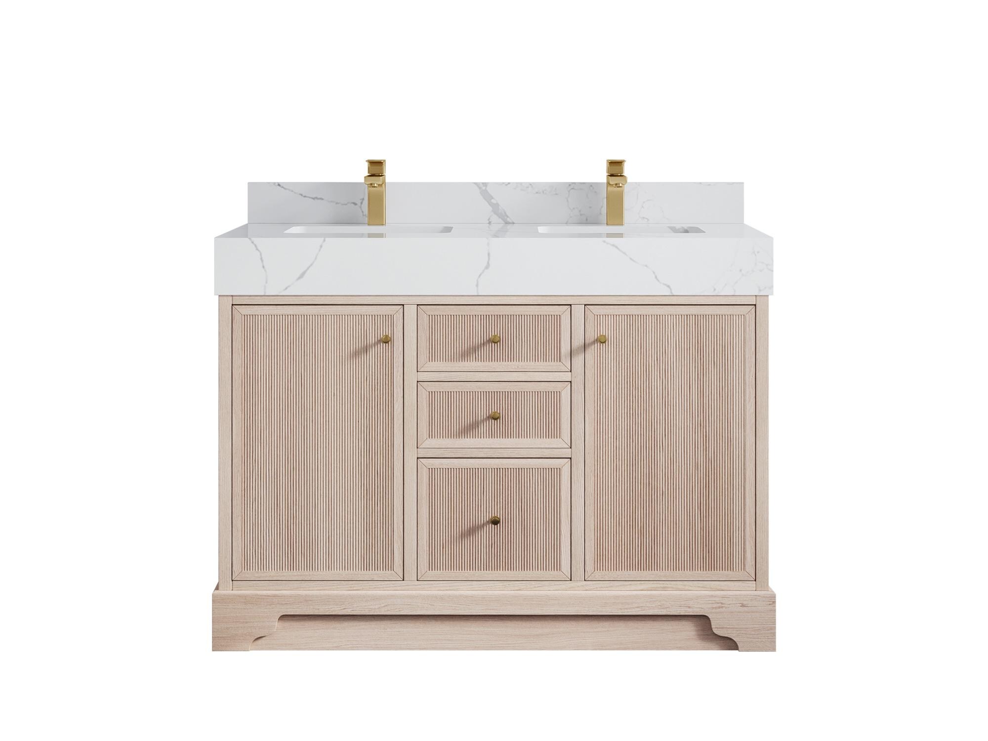 Manhattan 48 in. W x 22 in. D Double Sink Bathroom Vanity in Natural White Oak with Quartz Countertop | MODERN VANITY