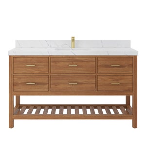 60 in. W x 22 in. D Parker Teak Single Sink Bathroom Vanity in Golden Teak with Quartz or Marble Countertop | Mid Century Modern Vanity