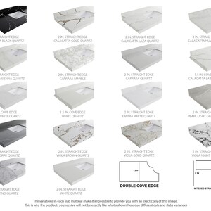 May include: A visual guide to different edge styles for countertop slabs.  The image shows 14 different edge styles, including straight, cove, and mitered edges.  Each edge style is shown with a different type of quartz countertop material.  The image also includes text labels for each edge style and countertop material.