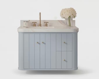 Houston Floating 36 in. W x 22 in. D Left Offset Sink Bathroom Vanity  Marble Countertop | Quartz or Marble Countertop |  Modern Vanity