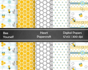 Bee Yourself Digital Paper 300dpi, Digital Paper, Chevron, Polka, Geometric, bee, honey bee