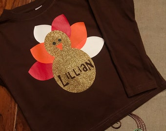Brown Long-sleeve Glitter Turkey Kids Shirt