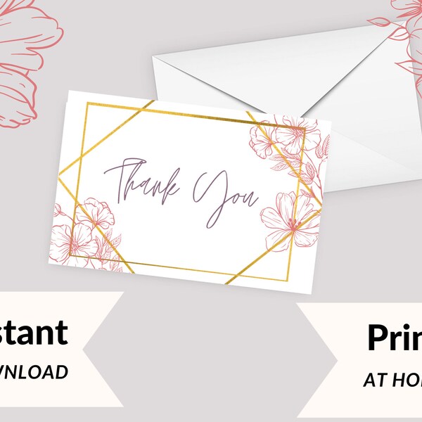 Rose-gold Thank You Card. Instant download/printable card. File sent in PDF & JPG format.