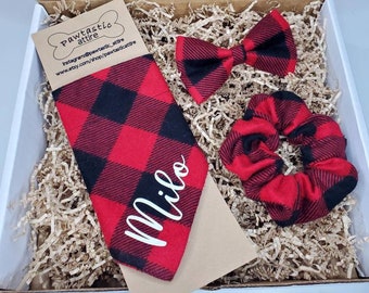 Dog bandana gift box with matching bow and hair tie