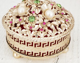 Pink Florenza Trinket box with Purple White stones Gold tone metal Hollywood Regency Style Covered Trinket Box