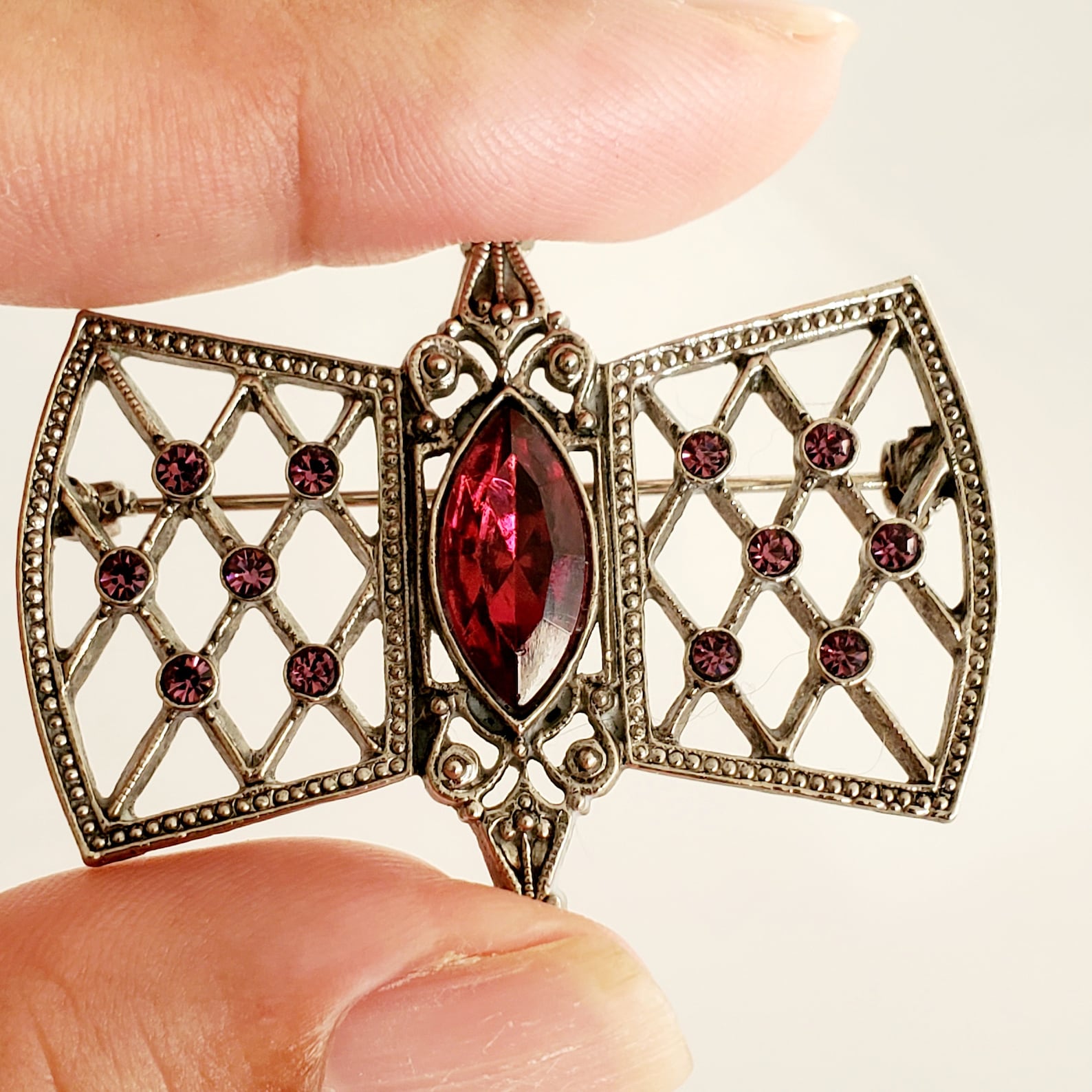VINTAGE BROOCH Victorian Style pink Glass and Rhinestone Etsy