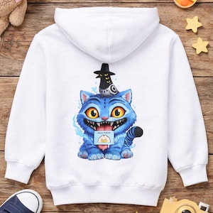 May include: White hooded sweatshirt featuring a cartoon blue cat with a wide grin, large yellow eyes, and a black hat. The cat holds a sign that reads "HELLO FRIEND". The design includes blue accents and a black tail.