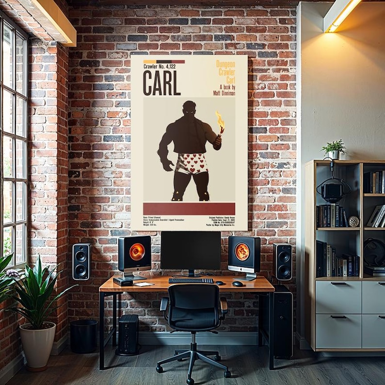 May include: A poster titled "Carl" featuring a muscular figure in heart-patterned briefs holding a flame. The poster is set against a beige background with red and black text. The image is displayed above a desk with a computer, speakers, and a black chair.