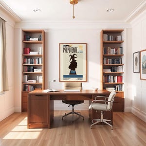 May include: A home office with a wooden desk, two office chairs, and two tall bookshelves filled with books. A framed poster with the word "PREPOTENTE" hangs above the desk. The room has hardwood floors and a neutral color palette.