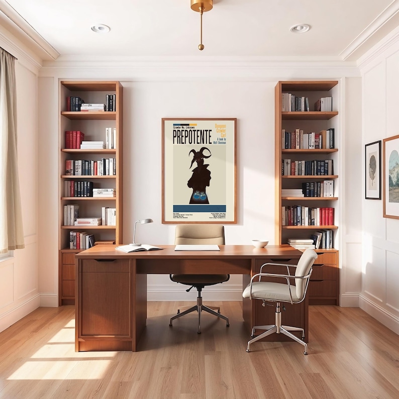 May include: A home office with a wooden desk, two office chairs, and two tall bookshelves filled with books. A framed poster with the word "PREPOTENTE" hangs above the desk. The room has hardwood floors and a neutral color palette.