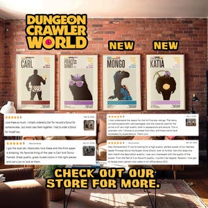 May include: Four framed posters with cartoon characters, including a muscular figure, a cat with sunglasses, a dinosaur, and a figure with a halo. The posters are labeled "Carl", "Princess Donut", "Mongo", and "Katia". The text "Dungeon Crawler World" is at the top.
