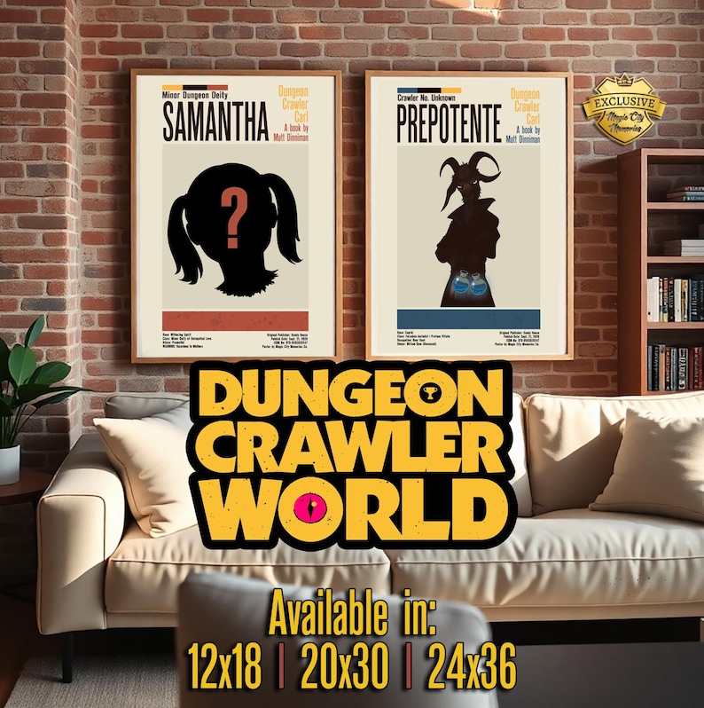 May include: Two framed posters with a vintage design. The posters feature silhouettes of characters with text that reads "SAMANTHA" and "PREPOTENTE". Below the posters is a graphic that says "DUNGEON CRAWLER WORLD". Available in 12x18, 20x30, and 24x36.