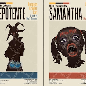 May include: Two vintage-style posters for "Dungeon Crawler Carl" books by Matt Dinniman. One features a silhouette with horns and the word "PREPOTENTE." The other shows a screaming face with the name "SAMANTHA." Both have a beige background.