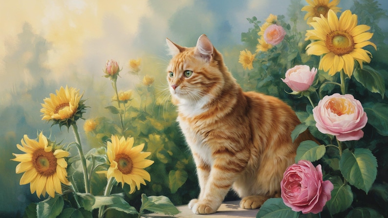 Peut inclure: Un chat tigré roux aux yeux verts est assis parmi des tournesols et des roses roses dans un jardin. Le pelage du chat est détaillé avec des rayures. L'arrière-plan est une peinture impressionniste douce d'une journée ensoleillée.