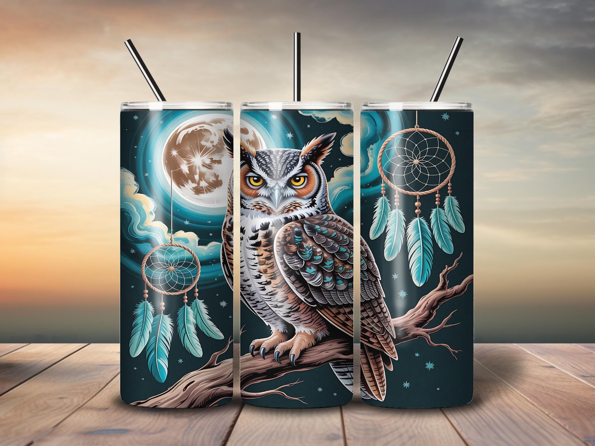 Owl and Dreamcatcher Tumbler Wrap – 20oz Sublimation PNG JPG – Mystic Moon Boho Night Fo