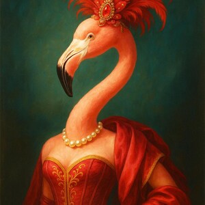 Flamingo Wall Art – Regal Flamingo in Red Gown – Funny Animal Portrait Print – 8.5x11 Digital Art – Quirky Bird Decor – Instant Download