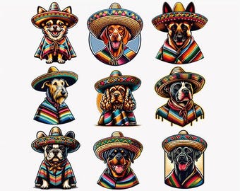 Puede incluir: Nueve perros diferentes usando coloridos sombreros mexicanos. Cada perro lleva una serape tradicional, una manta tejida colorida. Los perros son de diferentes razas y tamaños.