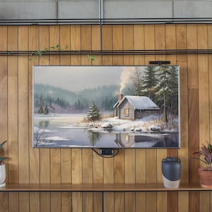 Winter Cabin TV Art – Cozy Snowy Landscape Digital Download – Rustic Log Home Scene for Frame TV – 3000x2000 JPG 300dpi