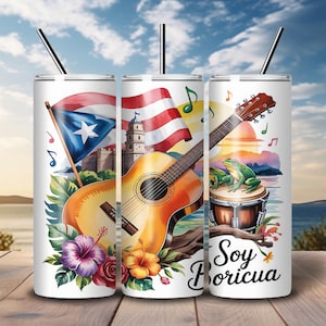 Soy Boricua Tumbler Wrap – Puerto Rico 20oz Straight PNG JPG – Coquí Frog Guitar Flag Sublimation Design