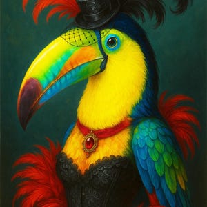 Impressão de arte colorida de tucano – Decoração de parede de pássaro burlesco – Retrato de animal steampunk – Presente de pássaro com traje engraçado – Arte de parede tropical exótica para casa