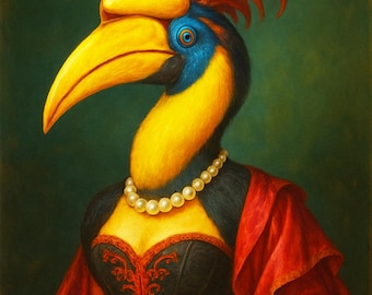 Könnte beinhalten: Ein skurriles Porträt eines Vogels mit gelbem Schnabel und Kopf, blauen Augen und rotem Federkopfschmuck. Der Vogel trägt eine Perlenkette, ein schwarzes Korsett mit roten Details und einen roten Schal vor grünem Hintergrund.