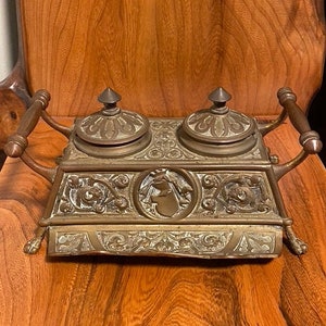 Antique Victorian Solid Brass Ornate Double Inkwell Clawed Feet, FREE SHIPPING!!
