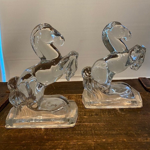 Vintage Horse Bookends, LE Smith, Heavy Clear Glass, 1940s, FREE SHIPPING!!