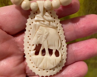 Vintage Carved Bovine Bone Elephant Pendant Necklace, FREE SHIPPING!!