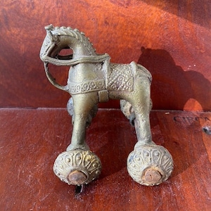 Antique India Brass Temple Toy, Horse on Wheels, FREE SHIPPING!!