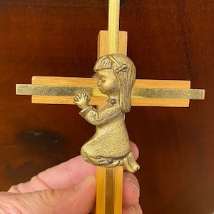 Vintage Girl Praying Cross, First Communion, Brass And Ash Wood, FREE SHIPPING!!