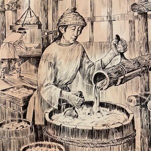 May include: A black and white illustration of a person pouring liquid from a wooden bucket into a larger wooden barrel. The person is wearing a hat and is standing in a room with wooden walls and a window. There are other barrels in the room.