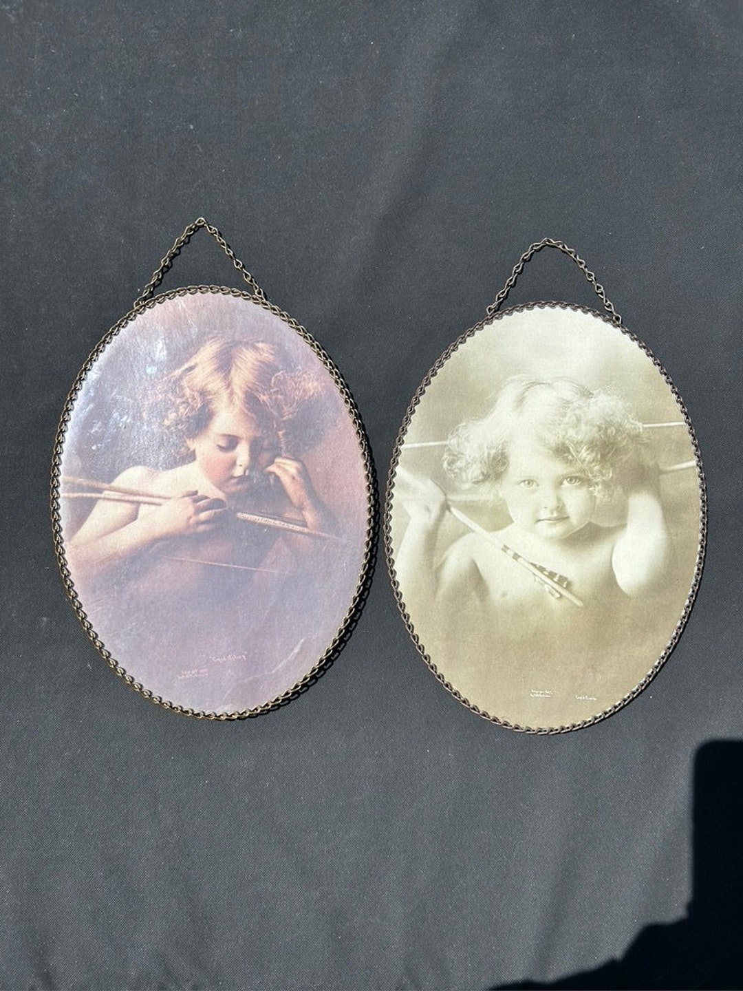Antique Pair Cupid Awake, Cupid Asleep, Prints, Copyright 1897, Oval ...