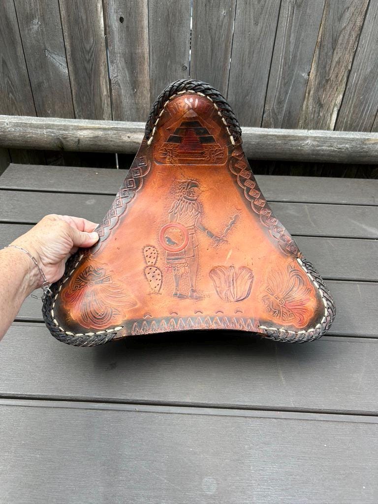 Vintage Mexican Cowboy Leather Tripod Stool Embossed Hand Tooled Seat Cover, FREE SHIPPING!!