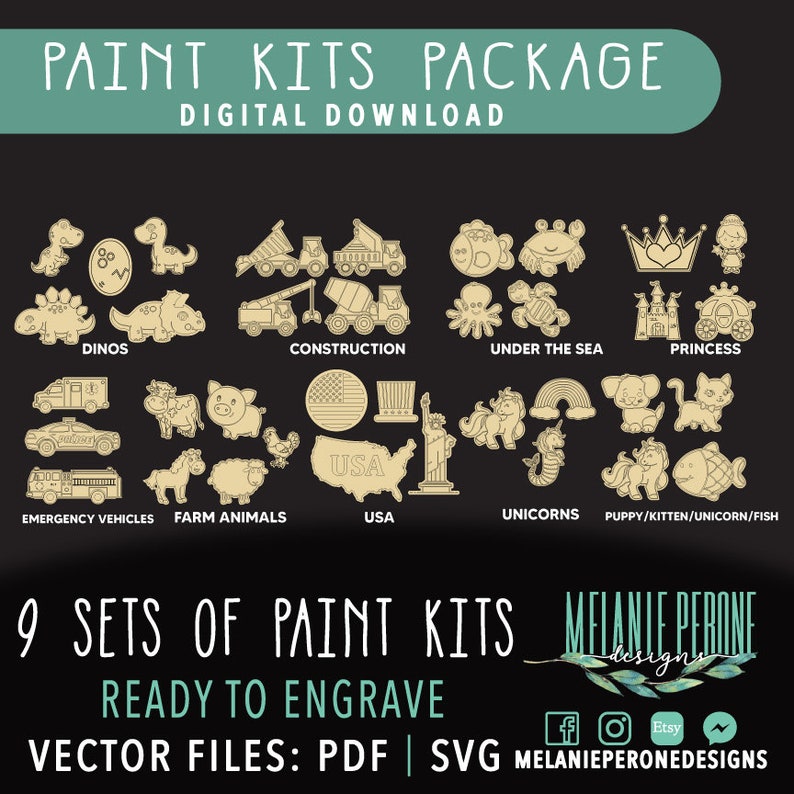 Puede incluir: Nueve juegos de kits de pintura para manualidades de madera, listos para grabar. La descarga digital incluye archivos vectoriales en formatos PDF y SVG. La imagen muestra una variedad de temas, que incluyen dinosaurios, veh&iacute;culos de construcci&oacute;n, criaturas marinas, princesas, veh&iacute;culos de emergencia, animales de granja, dise&ntilde;os con tem&aacute;tica de EE. UU., unicornios y cachorros, gatitos, unicornios y peces.
