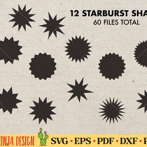 May include: Twelve different black starburst shapes, each with a different number of points. The image is titled "12 Starburst Shapes" and "60 Files Total".
