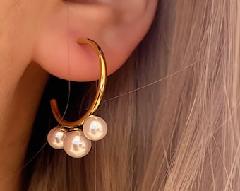 Pearl Hoop Charm Earrings • Dainty Dangle Minimalist Simple Dangly • Gold Hypoallergenic 18k Gold Plated Delicate