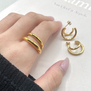 Gold Double Band • Ring Earring Set Layered 18k • Stack Stackable Minimalist • Titanium Simple