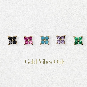 Colour Gem Dainty Stud Earrings •  Tiny 18k Gold filled Hypoallergenic • Four Leaf Clover Studs •  Simple Minimalist Studs