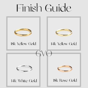 May include: A guide to different gold finishes for jewelry.  Four rings are shown: 18k yellow gold, 14k yellow gold, 14k white gold, and 18k rose gold.