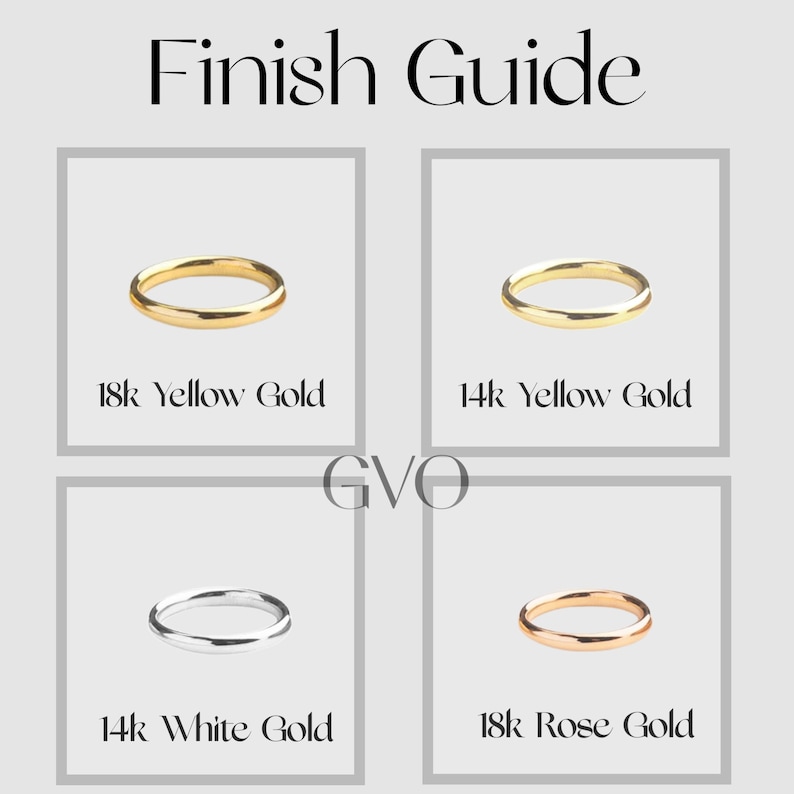 May include: A guide to different gold finishes for jewelry.  Four rings are shown: 18k yellow gold, 14k yellow gold, 14k white gold, and 18k rose gold.
