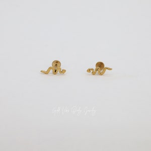May include: A pair of gold snake stud earrings. The earrings are small and delicate, and they feature a detailed snake design.