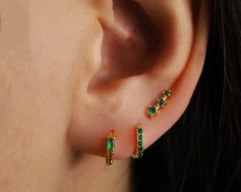 Emerald Earring Set Stack Climber Tiny Pave Huggie Hoop CZ Earrings • Gold Pave Dainty Earrings •  Minimalist Earrings • Gift for Her