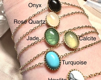 Gemstone Crystal Bracelet • Adjustable 18k Gold plated • minimalist dainty • Turquoise Jade Onyx Howlite Calcite