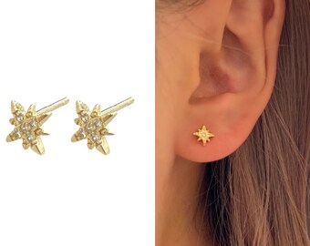 Star Stud Earring Gold • Huggie Hoop Textured Hypoallergenic • 18k Gold Titanium Minimalist Minimalistic • Dainty Click Close