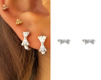 Tiny Cz Bow Hoop Earrings • 14k Gold Dainty Earrings • Huggie Hoops Earrings •  925 SilverEarrings • Minimalist Earrings